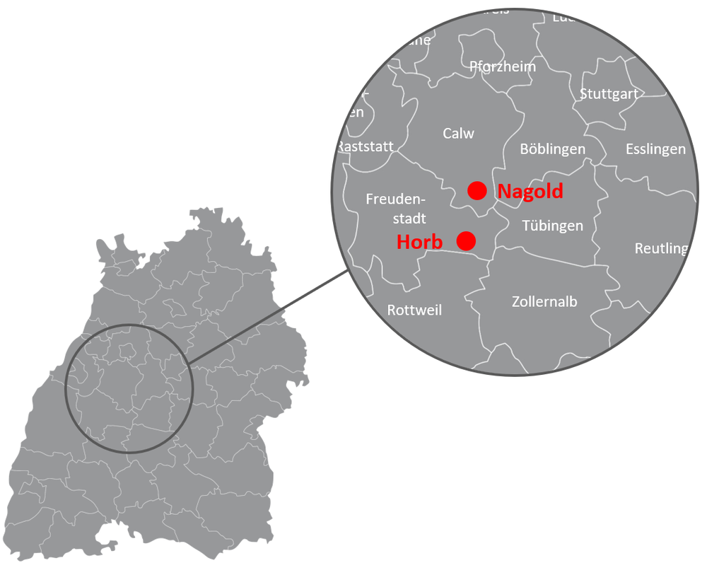 Karte mit den Standorten Nagold und Horb am Neckar